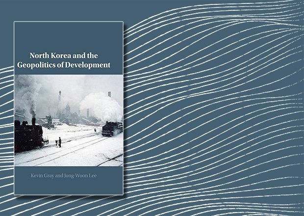 An abstract background with the cover of the book North Korea and the Geopolitics of Development