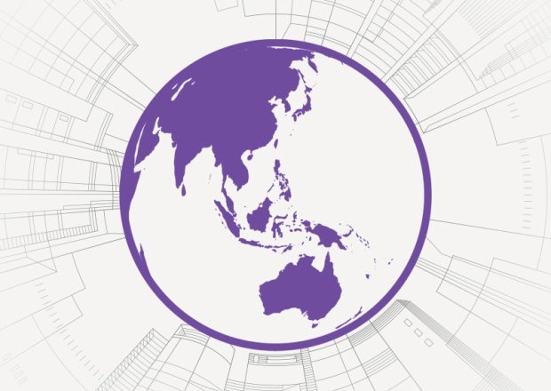 A purple globe with a background that looks like architectural drawings