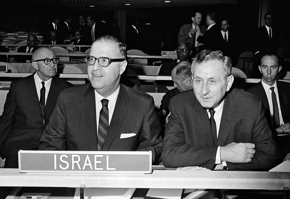 Israeli Foreign Minister Abba Eban (Left) and Permanent Representative of Israel to the UN Gideon Rafael debate during Fifth Emergency Special Session at UN, 1967. Source: UN Photo #147670