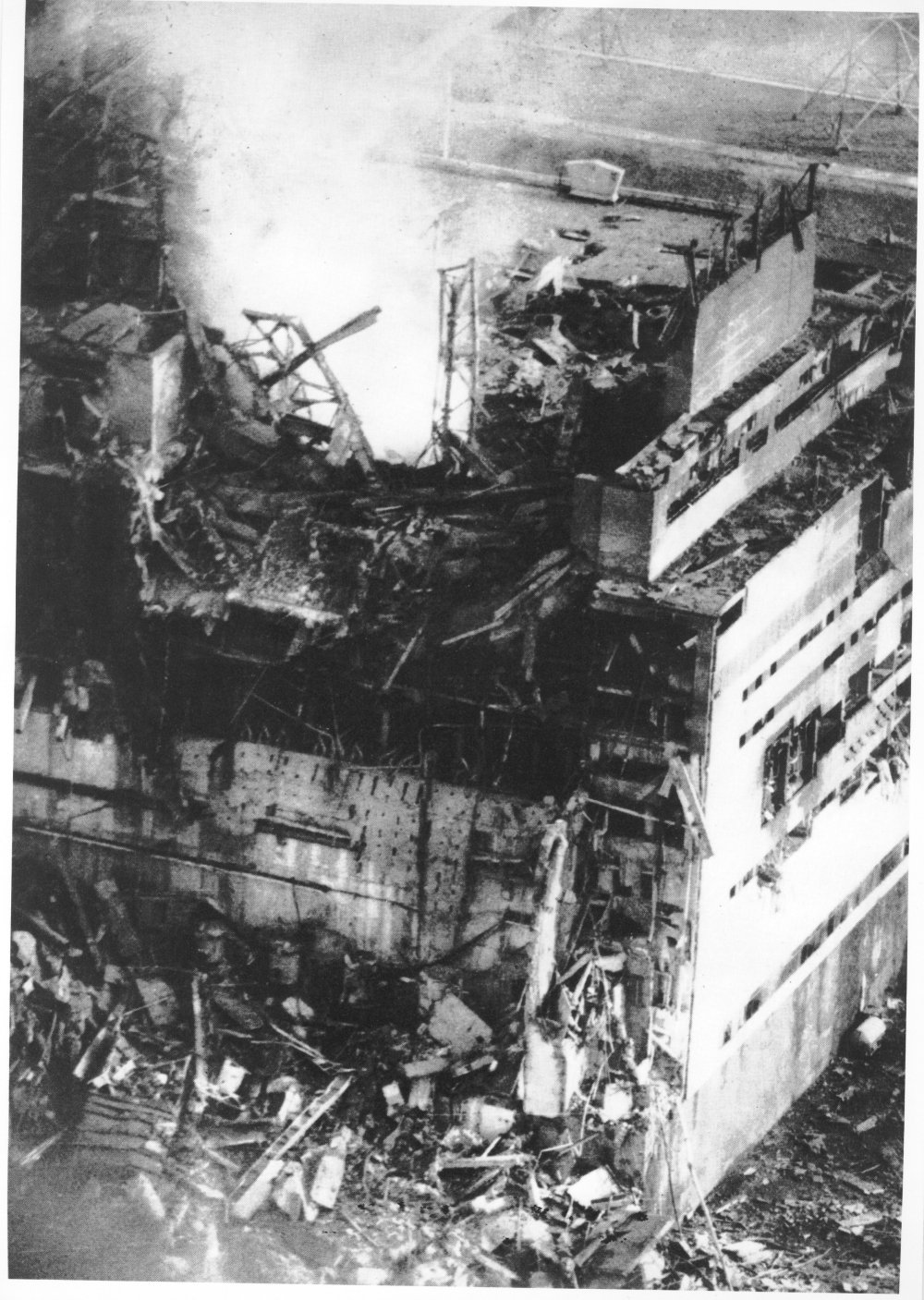 The first photograph of Unit Four after the accident, shot from a helicopter by Chernobyl plant photographer Anatoly Rasskazov, at approximately 3.00pm on April 26 1986 (Anatoly Rasskazov/Ukrainian National Chernobyl Museum)