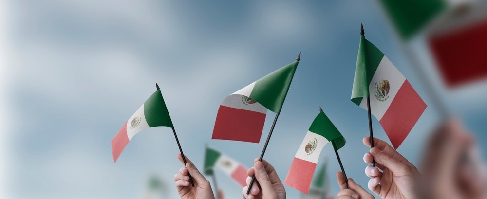 A group of people holding small flags of the Mexico in their hands.