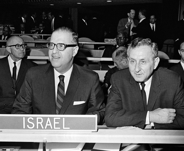 Israeli Foreign Minister Abba Eban (Left) and Permanent Representative of Israel to the UN Gideon Rafael debate during Fifth Emergency Special Session at UN, 1967. Source: UN Photo #147670