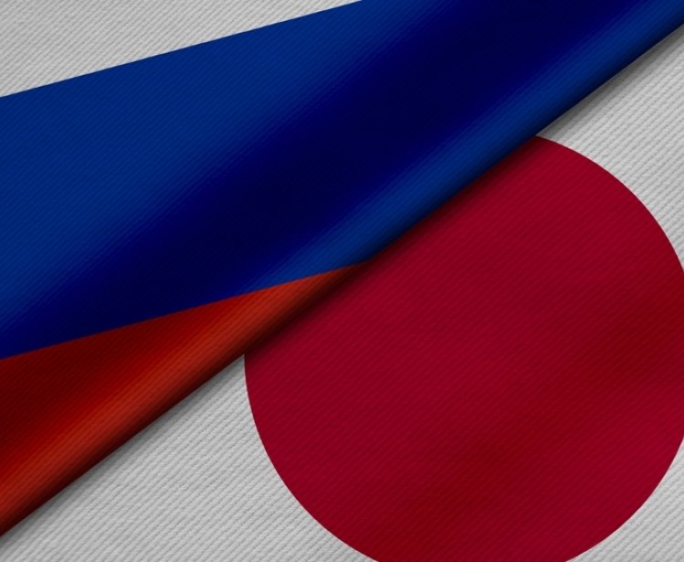 3D Rendering of two flags from Russian Federation and Japan together with fabric texture, bilateral relations, peace and conflict between countries, great for background