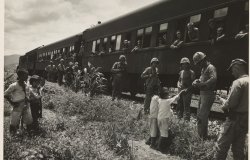 A black and white photo of U.S. Soldiers standing next to a stopped train, handing out candy to South Korean children.