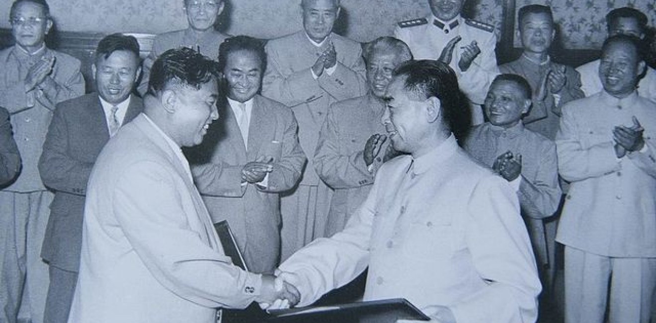 Kim Il Sung and Zhou Enlai mark the signing of the 1961 Sino-DPRK Treaty of Friendship, Cooperation and Mutual Assistance