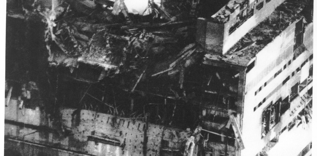 The first photograph of Unit Four after the accident, shot from a helicopter by Chernobyl plant photographer Anatoly Rasskazov, at approximately 3.00pm on April 26 1986 (Anatoly Rasskazov/Ukrainian National Chernobyl Museum)