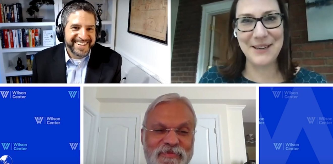 A screenshot of the Zoom meeting featuring Abraham Denmark, Kelly Magsamen, and Ashley J. Tellis