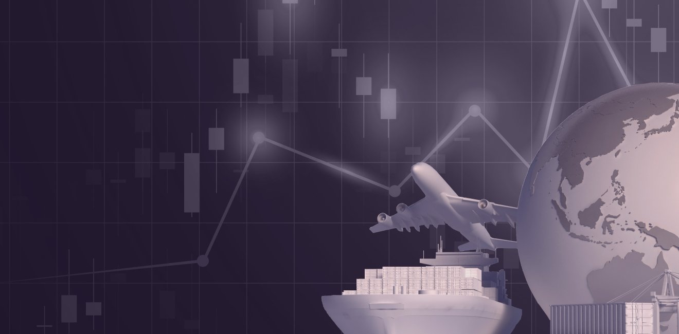 Various representations of trade including a graph, a cargo ship, shipping containers, an airplane, and a globe.