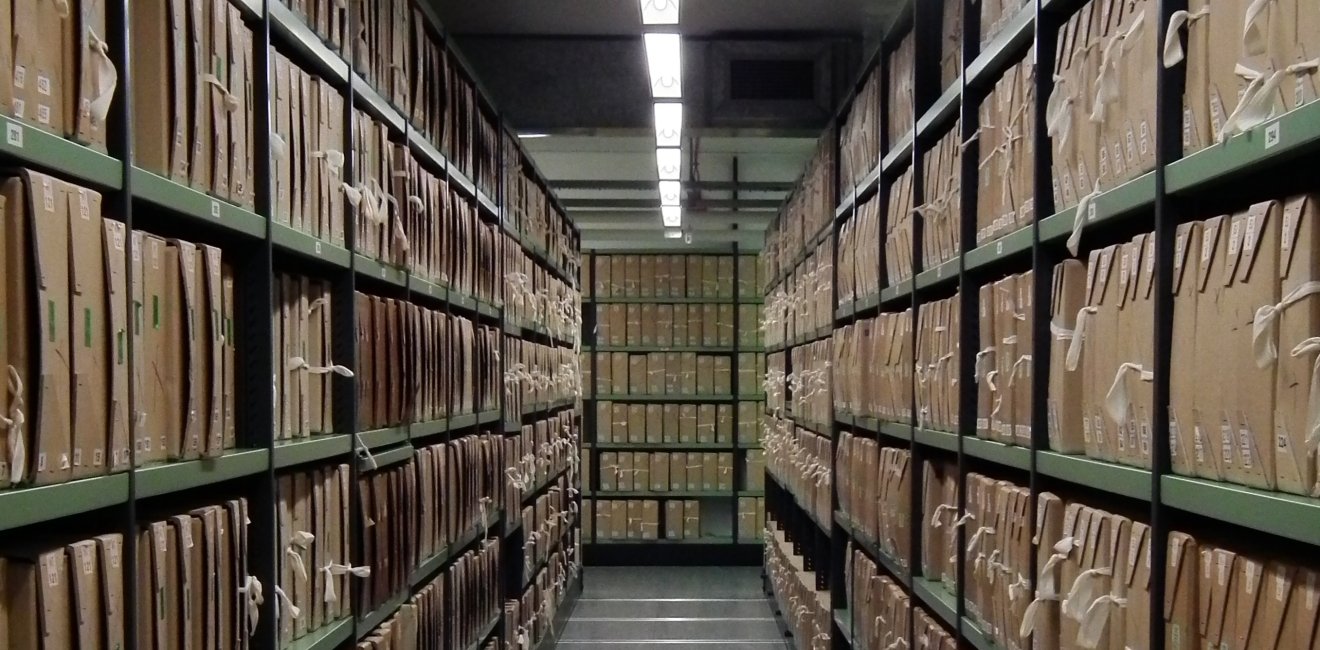 A corridor of files at The National Archives UK