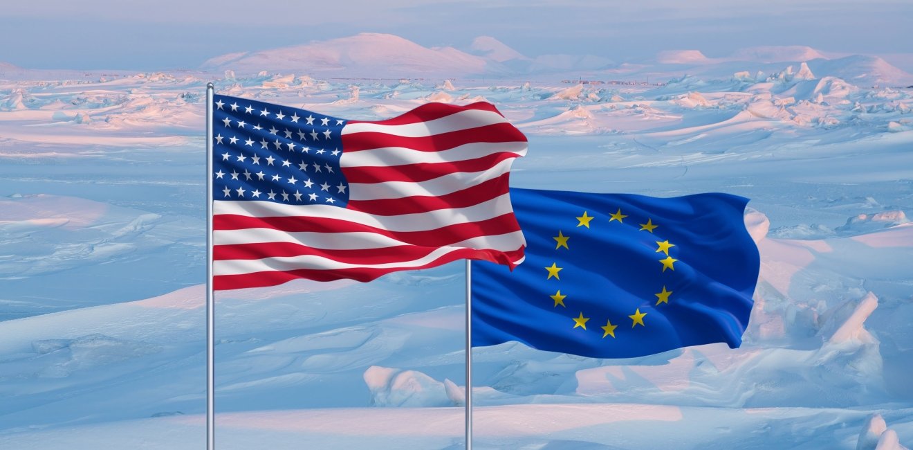 EU and US flag in front of ice