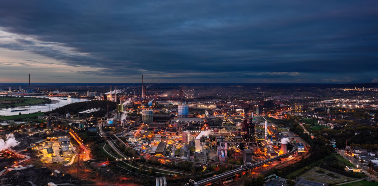 Aerial night photo of Duisburg, Germany