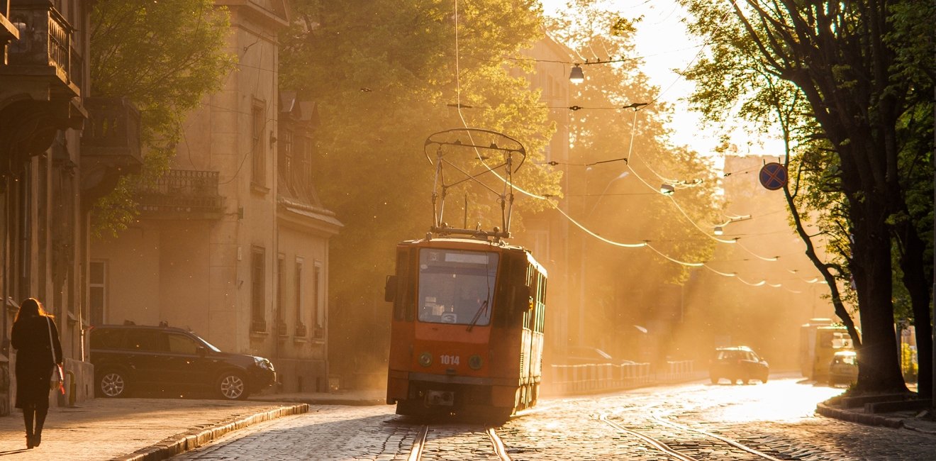 Old orange tram in backlight. Lviv (Lvov), Ukraine