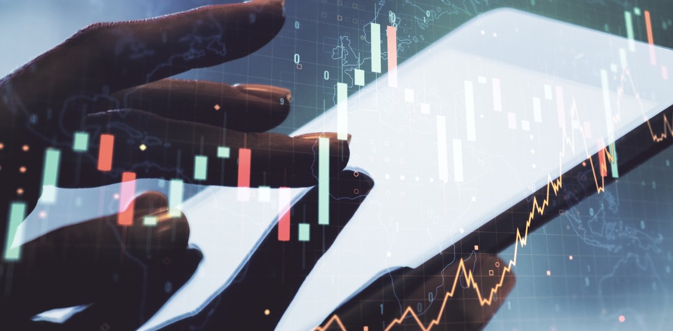 Abstract creative financial graph with world map and with finger clicks on a digital tablet on background, forex and investment concept. Multiexposure