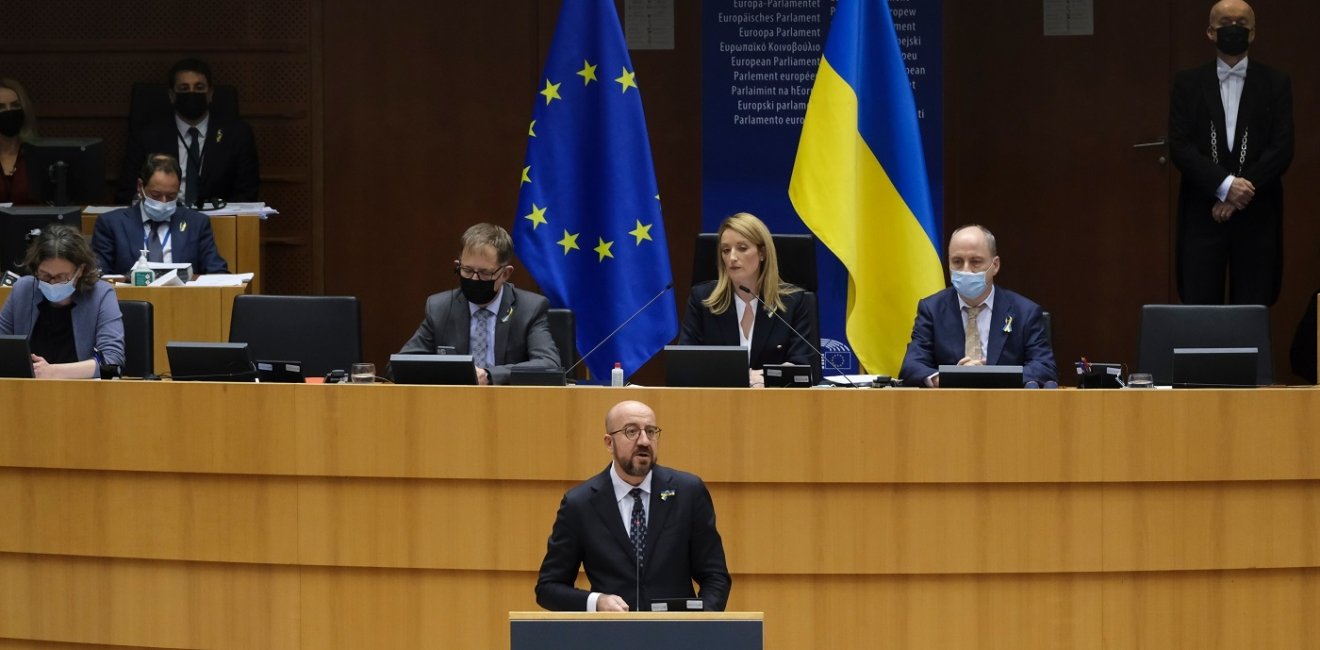 European Council President Charles Michel delivers a speech during a special plenary session of the EU Parliament focused on the Russian invasion of Ukraine in Brussels, Belgium on March 01, 2022.