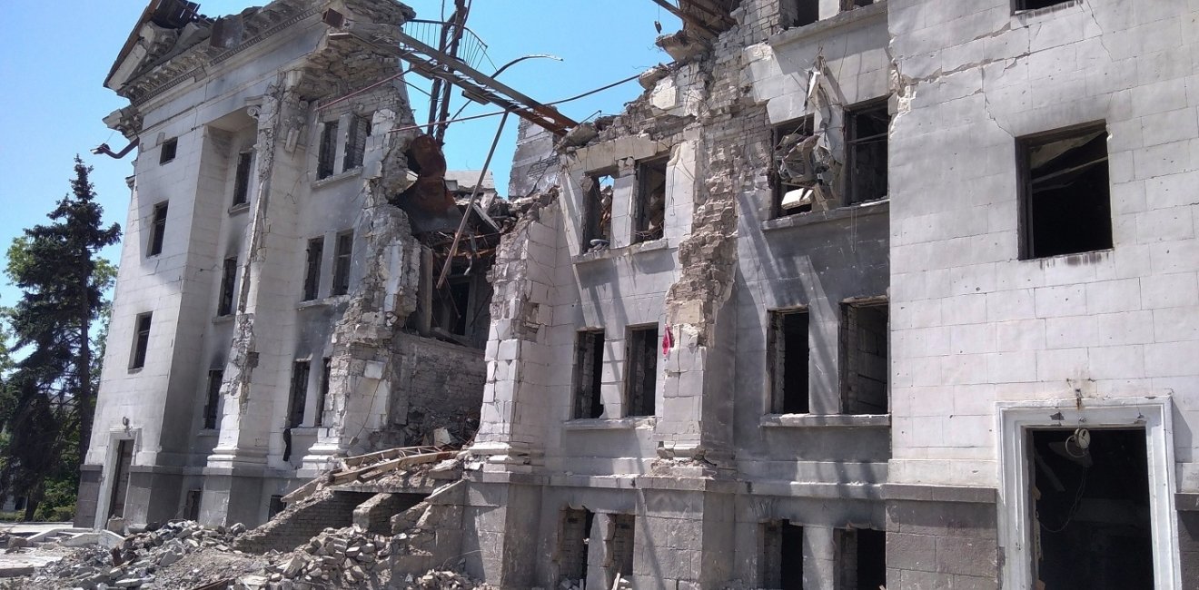Mariupol - June 1, 2022: the building of the Drama Theater, destroyed during the war in March 2022.