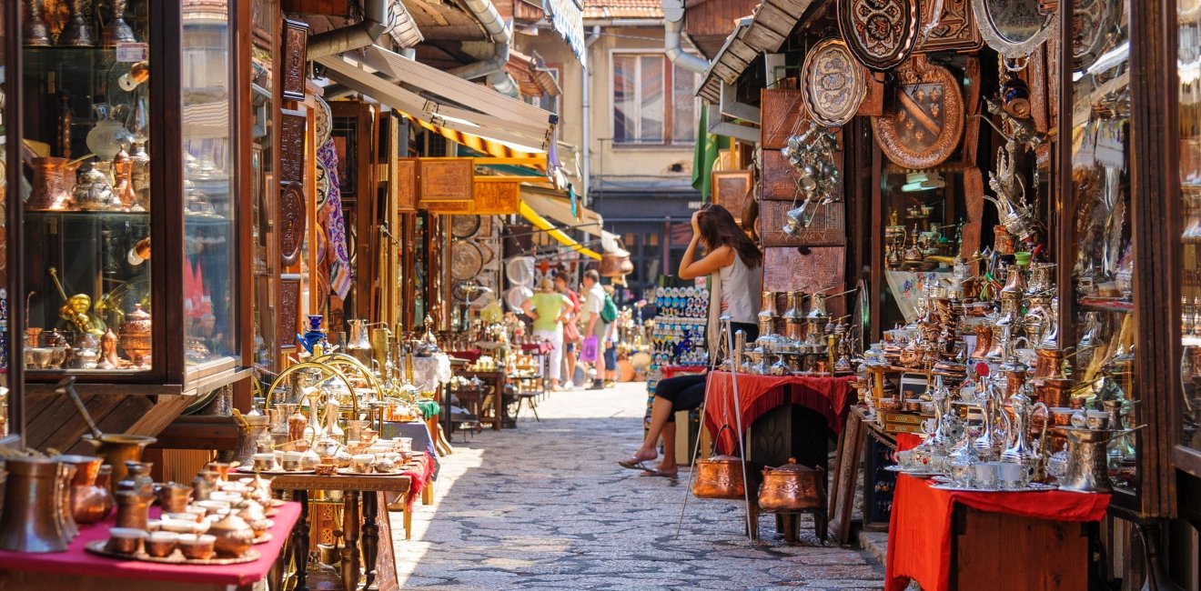 Street with shops in Sarajevo.