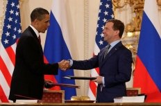 President Barack Obama and Russian President Dmitry Medvedev sign the Prague Treaty in 2010.