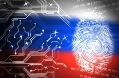 The Russian flag with a fingerprint transposed over the top