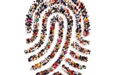 Large group pf people in the shape of a fingerprint on an isolated white background. 