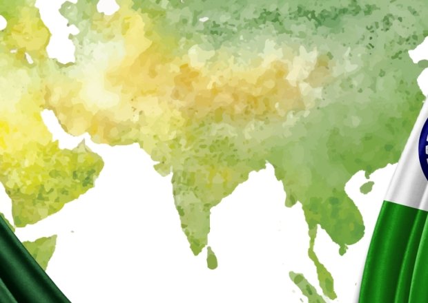 Flags of Pakistan and India in front of a world map.