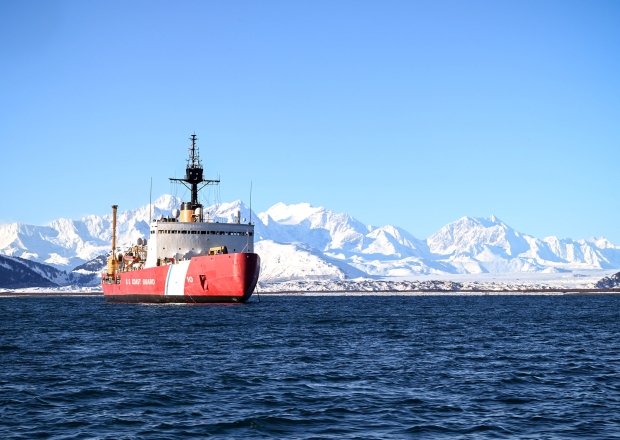 USCG Cutter Polar Star sits at anchor in Taylor Bay, Alaska during Arctic deployment