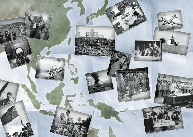 A collage shows various black and white images from the Pacific War laid out on a map of Asia.