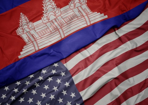 The flags of the United States and Cambodia