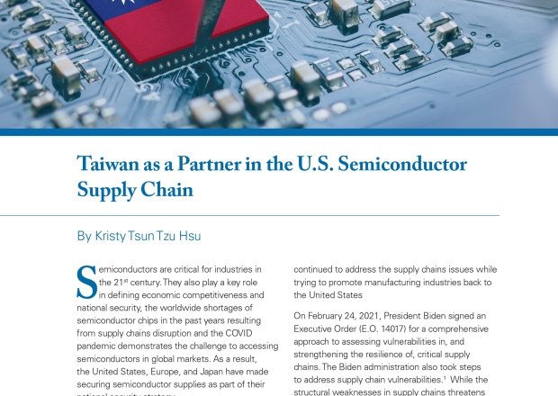 An image of the cover of the report with a photo of a circuit board, tweezers are placing a component that is painted with the flag of Taiwan.