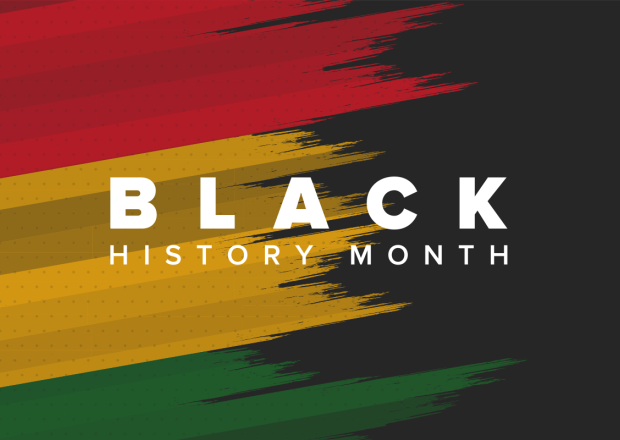 "Black History Month" in white text on top of red, yellow, and green brush strokes