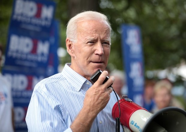 Former Vice President Joe Biden speaking with supporters at a pre-Wing Ding rally at Molly McGowan Park in Clear Lake, Iowa.