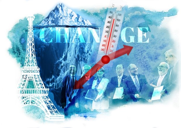 Climate Change illustration with glacier, Eiffel Tower, thermometer, and leaders at the signing of the Paris Climate Agreement