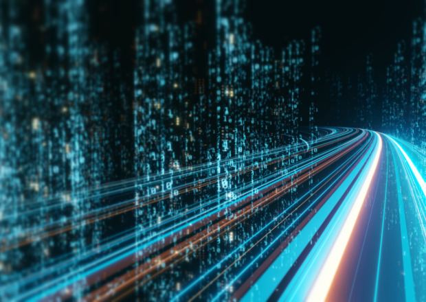 Photo of abstract highway cutting through digital buildings