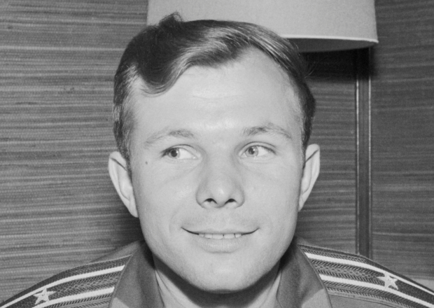 Photograph of the Soviet cosmonaut Yuri Gagarin at a press conference during his visit to Finland.