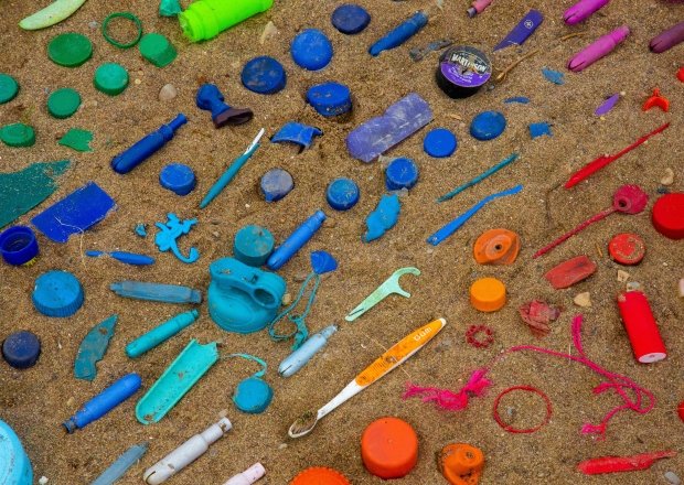 Collected plastic during Community Cleanup at the local shoreline and harbourfront of Hamilton in Spring. Plastic is sorted by colour.