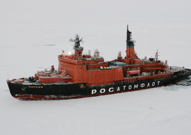 The Arctic Ocean - September 27, 2011: Russian nuclear-powered icebreaker Rossiya (Russia) is seen during its trip to the Russian drift station