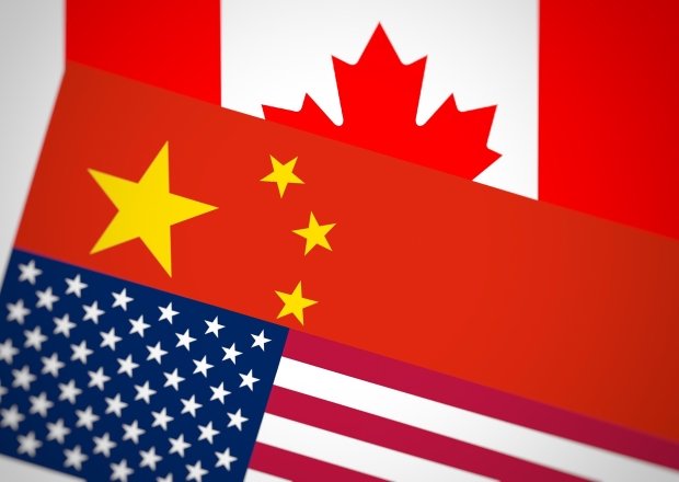 Flags of Canada, China, and the United States