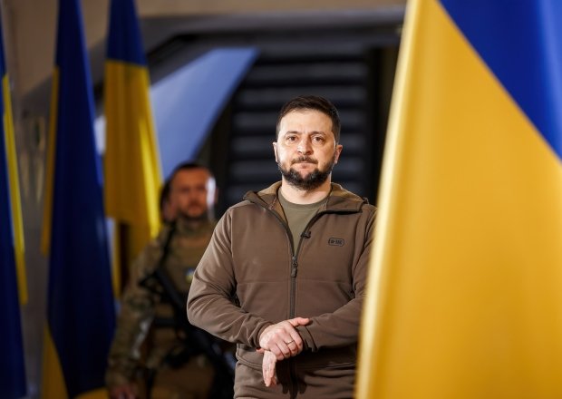 APR-23-2022 Press conference of Volodymyr Zelenskyy the President of Ukraine during Russian Ukrainian war at Kyiv Metro station to protect against air strikes. Kyiv, Ukraine