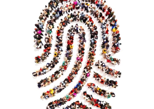 Large group pf people in the shape of a fingerprint on an isolated white background.