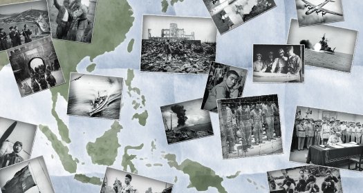 A collage shows various black and white images from the Pacific War laid out on a map of Asia.