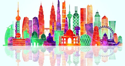 A colorful stylized skyline graphic featuring famous buildings in Asia.