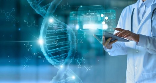 A scientist in a lab coat working on a tablet, with graphics of a DNA strand represented in the foreground.