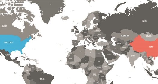 World Map Highlighting United States and China