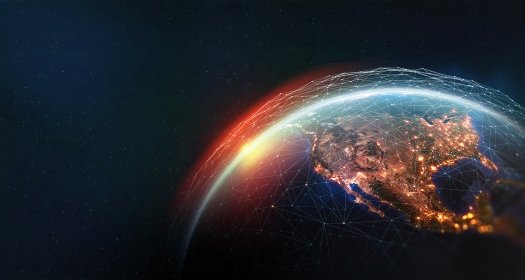 Earth view from space. Global network. Blockchain technology. Planet and communication. Future world 3D illustration. Elements of this image are furnished by NASA