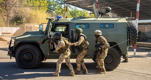 Nagorno-Karabakh - October 8, 2020. The military in special camouflaged clothing with machine guns