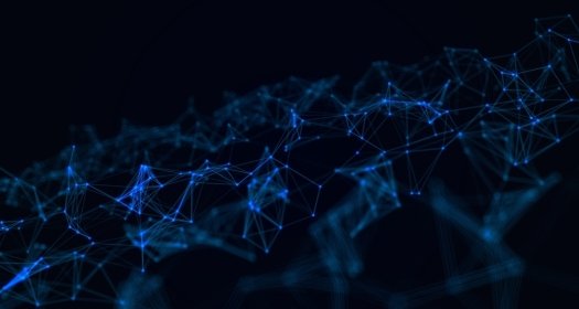 A dark background with a glowing blue network of interconnected nodes and lines