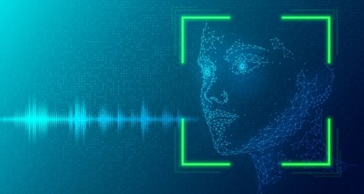 A blue audio wave coming from the mouth of a synthetic person 