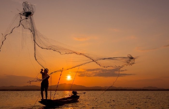 Silhouette Fisherman Throwing Net On Lake Stock Photo