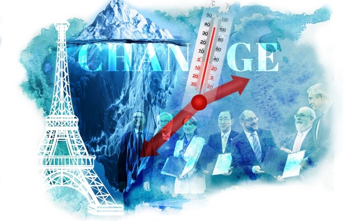 Climate Change illustration with glacier, Eiffel Tower, thermometer, and leaders at the signing of the Paris Climate Agreement