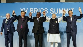 From left, Brazil's President Luiz Inacio Lula da Silva, China's President Xi Jinping, South Africa's President Cyril Ramaphosa, India's Prime Minister Narendra Modi and Russia's Foreign Minister Sergei Lavrov pose for a BRICS group photo during the 2023 BRICS Summit at the Sandton Convention Center in Johannesburg, South Africa, Wednesday, August 23, 2023. (Gianluigi Guercia/Pool via AP)