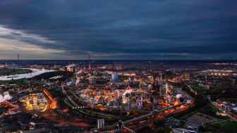 Aerial night photo of Duisburg, Germany